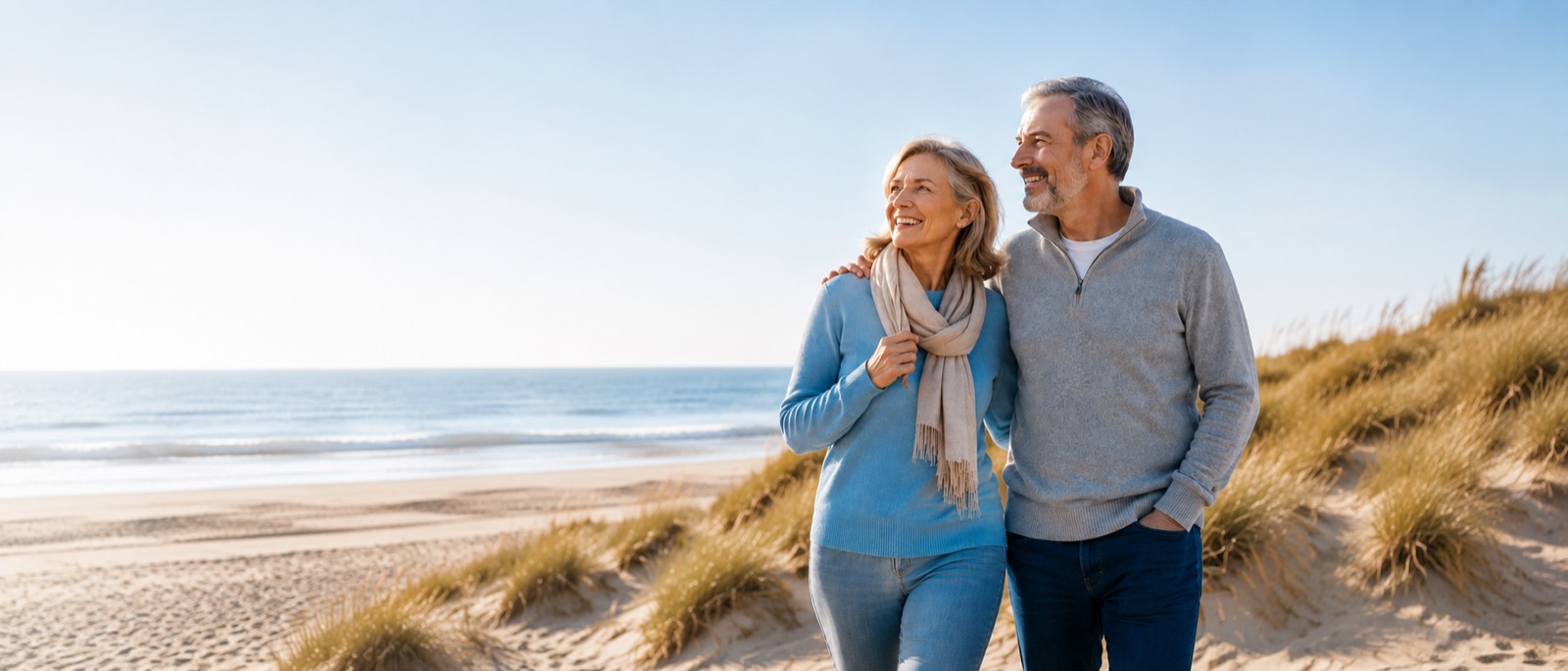 Couple de seniors marchant sur une plage